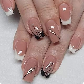 24 PCS French Tips Press on Nails Black and White False Nails Gloss