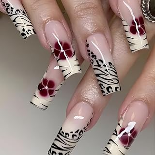 LYMCY Press on Nails, Flower Leopard Print French Long Fake N