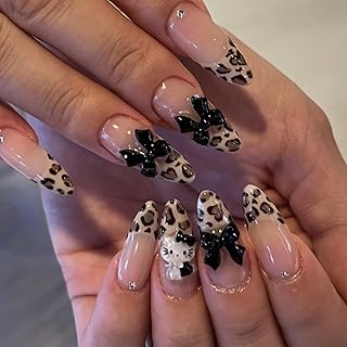 24 PCS Press on Nails with 3D Bow, Leopard, Kitty
